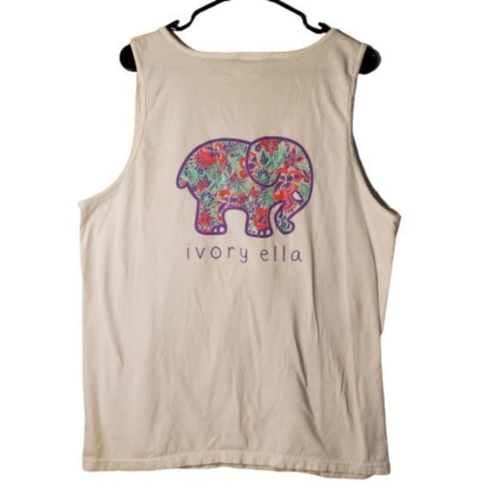 Ivory Ella Womens Large Tank Top White Floral Elephant Pocket Sleeveless Shirt